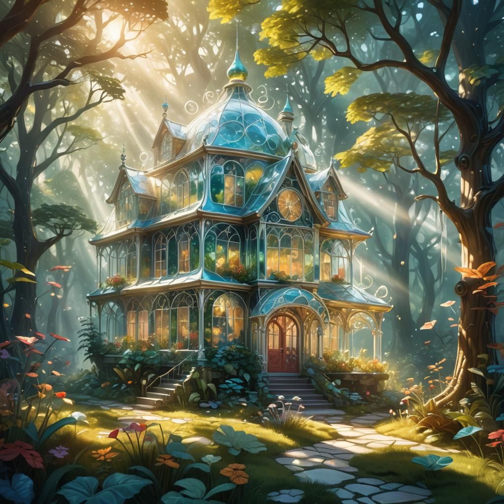 Whimsical Glass House Floating Above Sunlit Forest