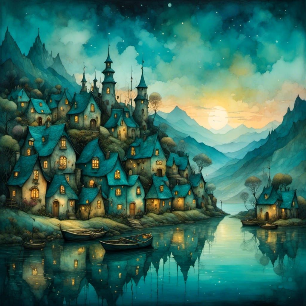 Fantasy Fishing Village at Sunrise in Watercolor and Ink