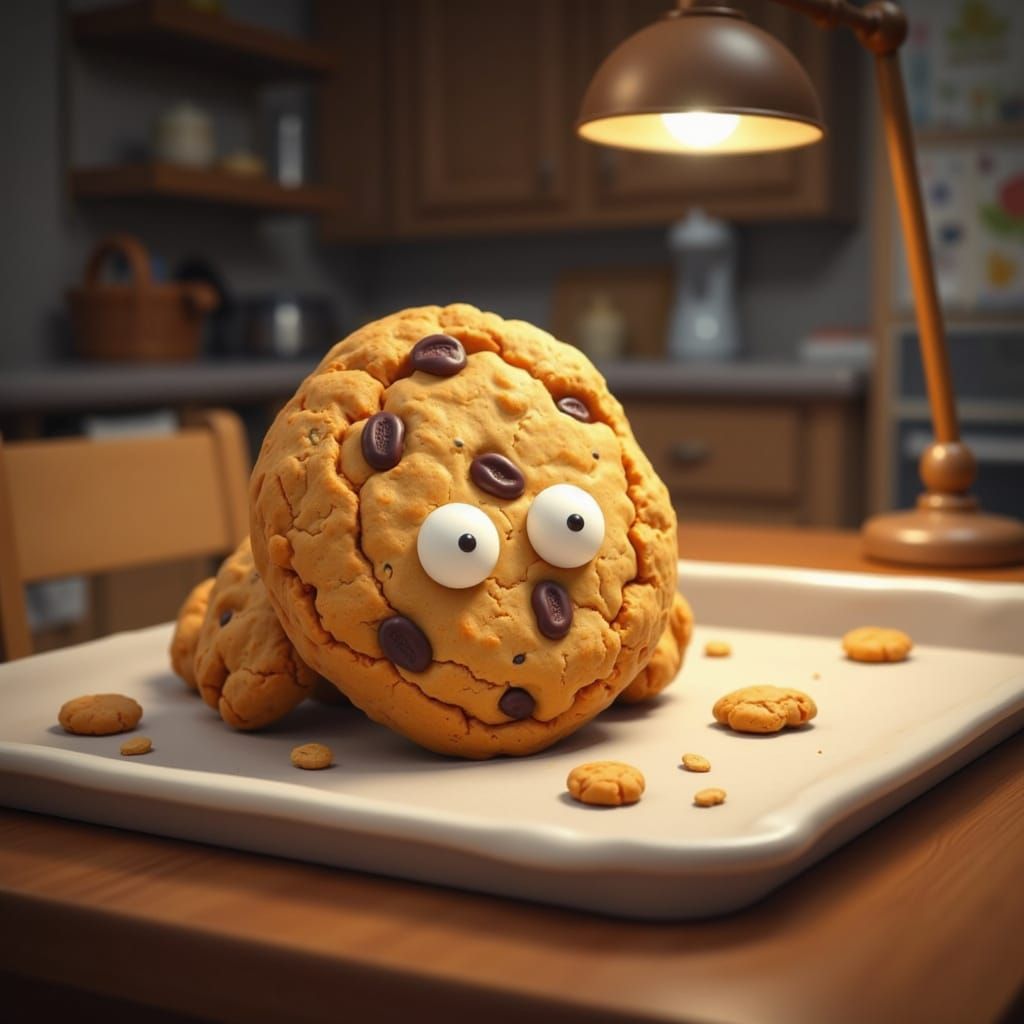 Sleeping Oatmeal Cookie with Raisin Eyes Under Lamp