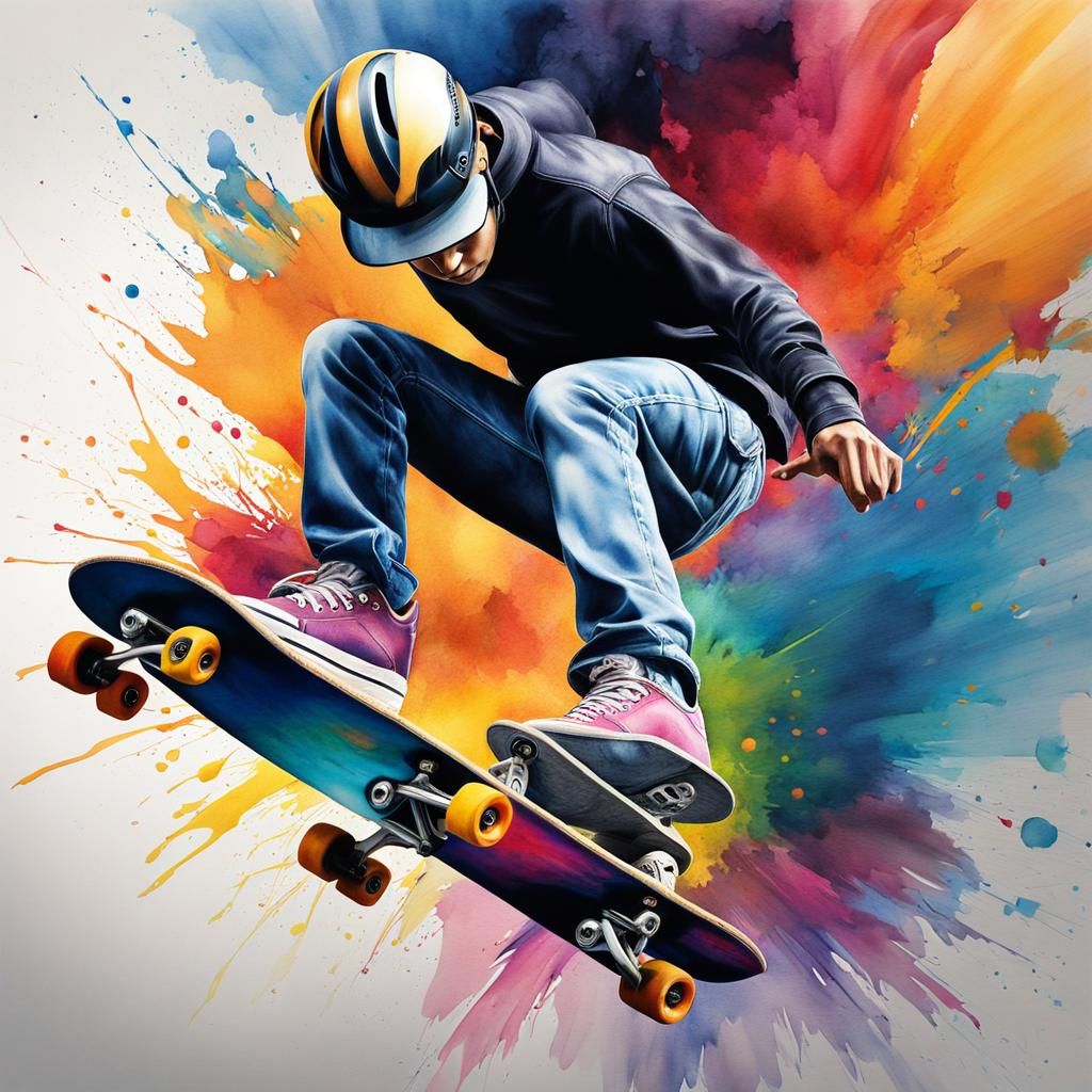 Skateboarding in Motion: Watercolor Splash Art
