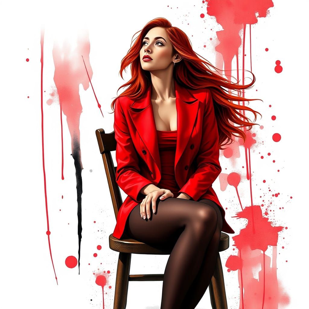 Serene Woman in Vibrant Red Jacket, Set Against a Moody Whit...