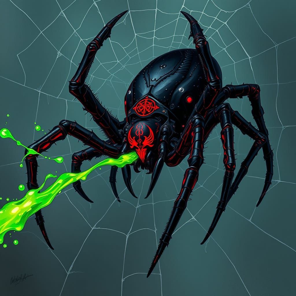 Gothic Biomechanical Spider in Dark, Flickering Atmosphere