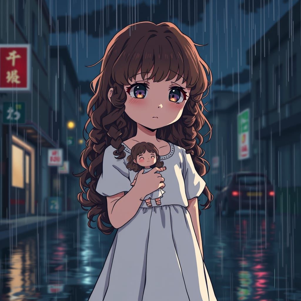 Young Girl Lost in Rainy Street, Heartbroken and Holding Dol...