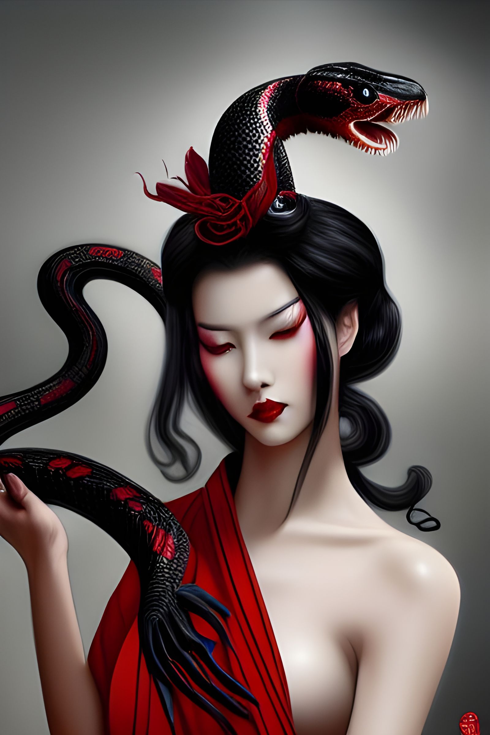 Geisha with Cobra Snake in Ornate Style