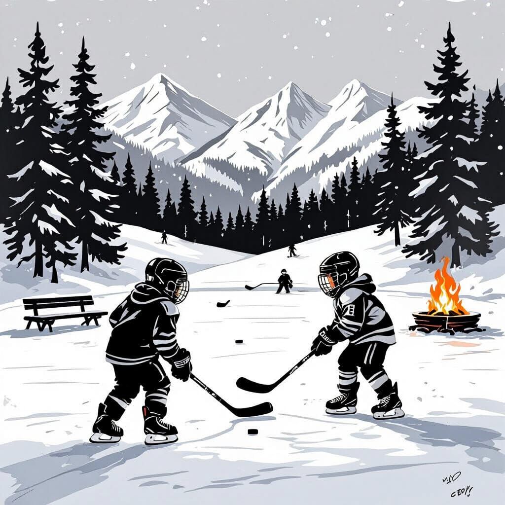 Kids Play Hockey on Snowy Mountain Rink