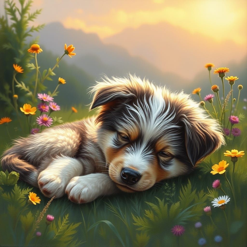 German Shepherd, Flower Field, Sunset