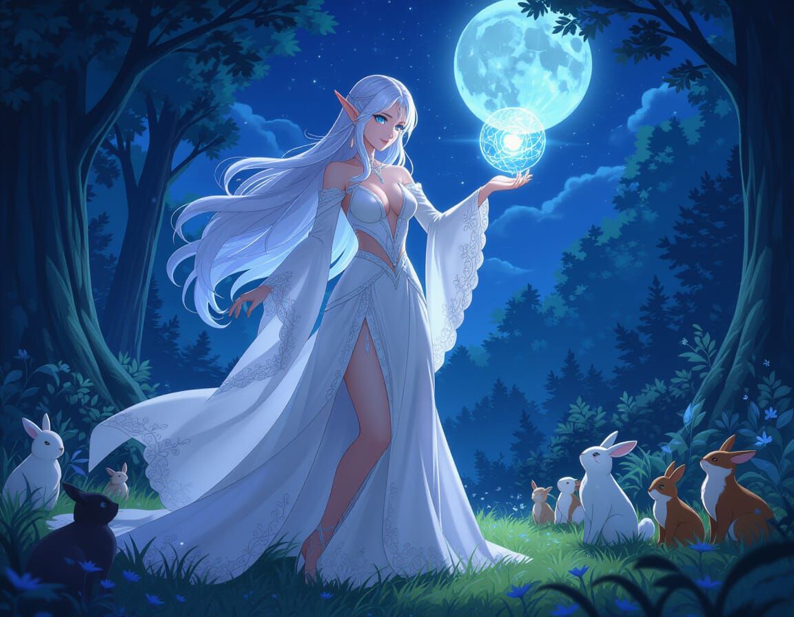 Enchanting Elf Casting Spell in Moonlit Forest