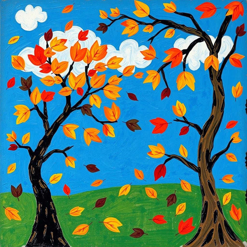 Whimsical Autumn Scene in Naive Folk-Art Style