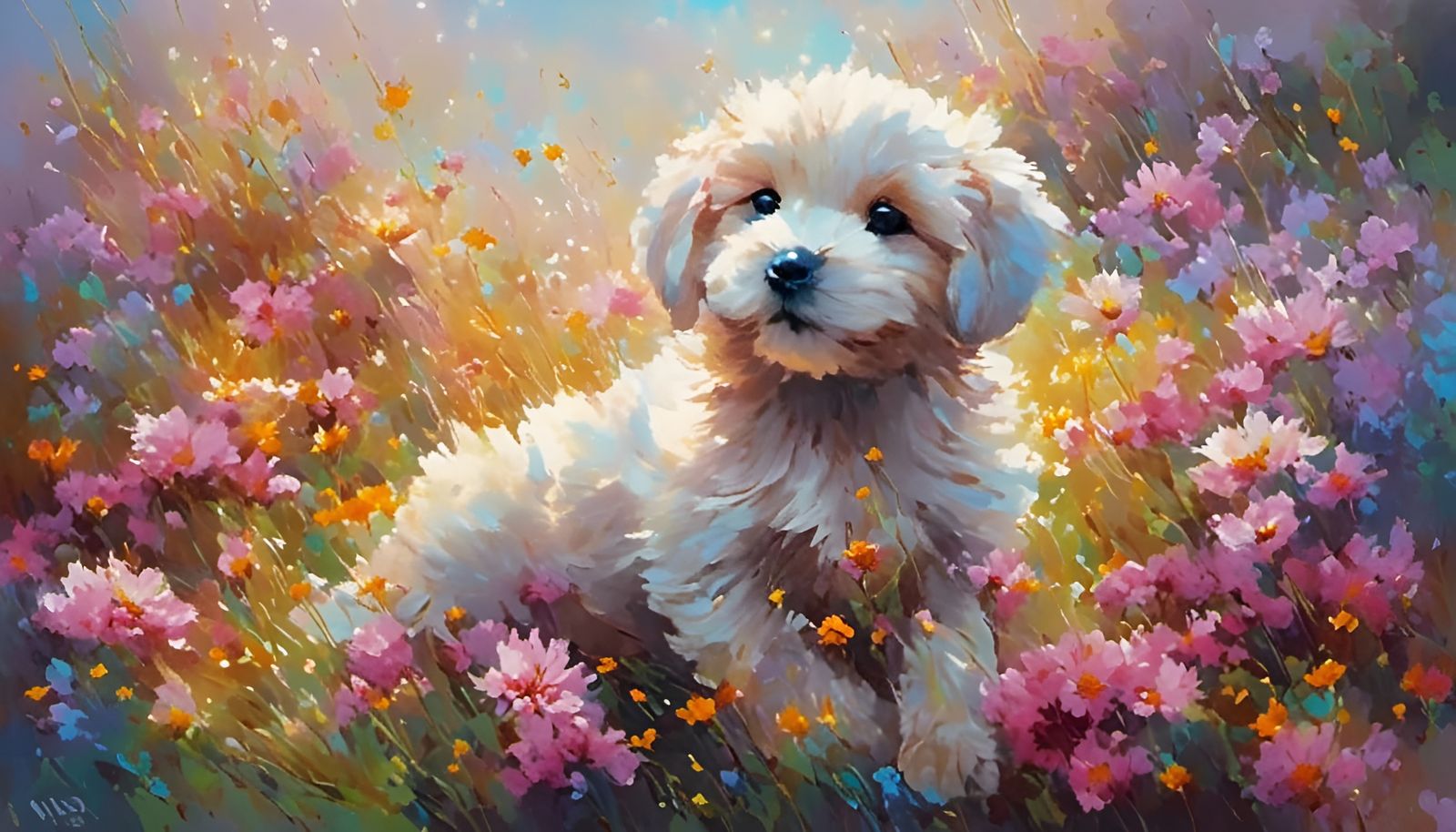 Impressionist Puppy in a Floral Meadow