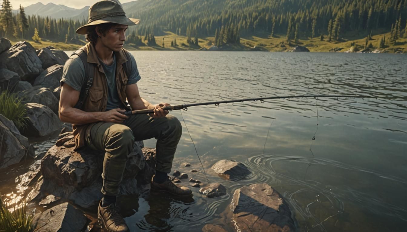 Young Man Fishing for Lake Monster