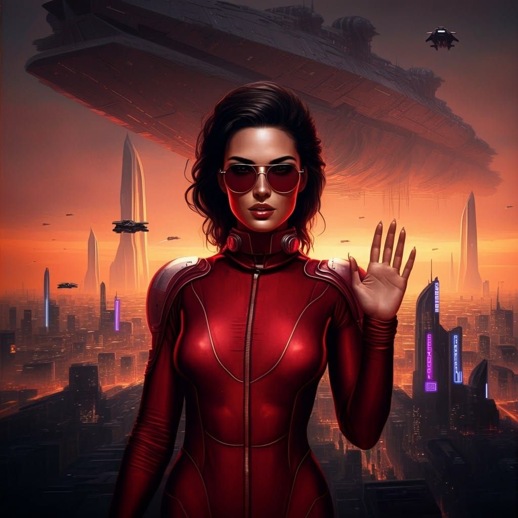 Confident Woman Greets Viewers in Dystopian Metropolis