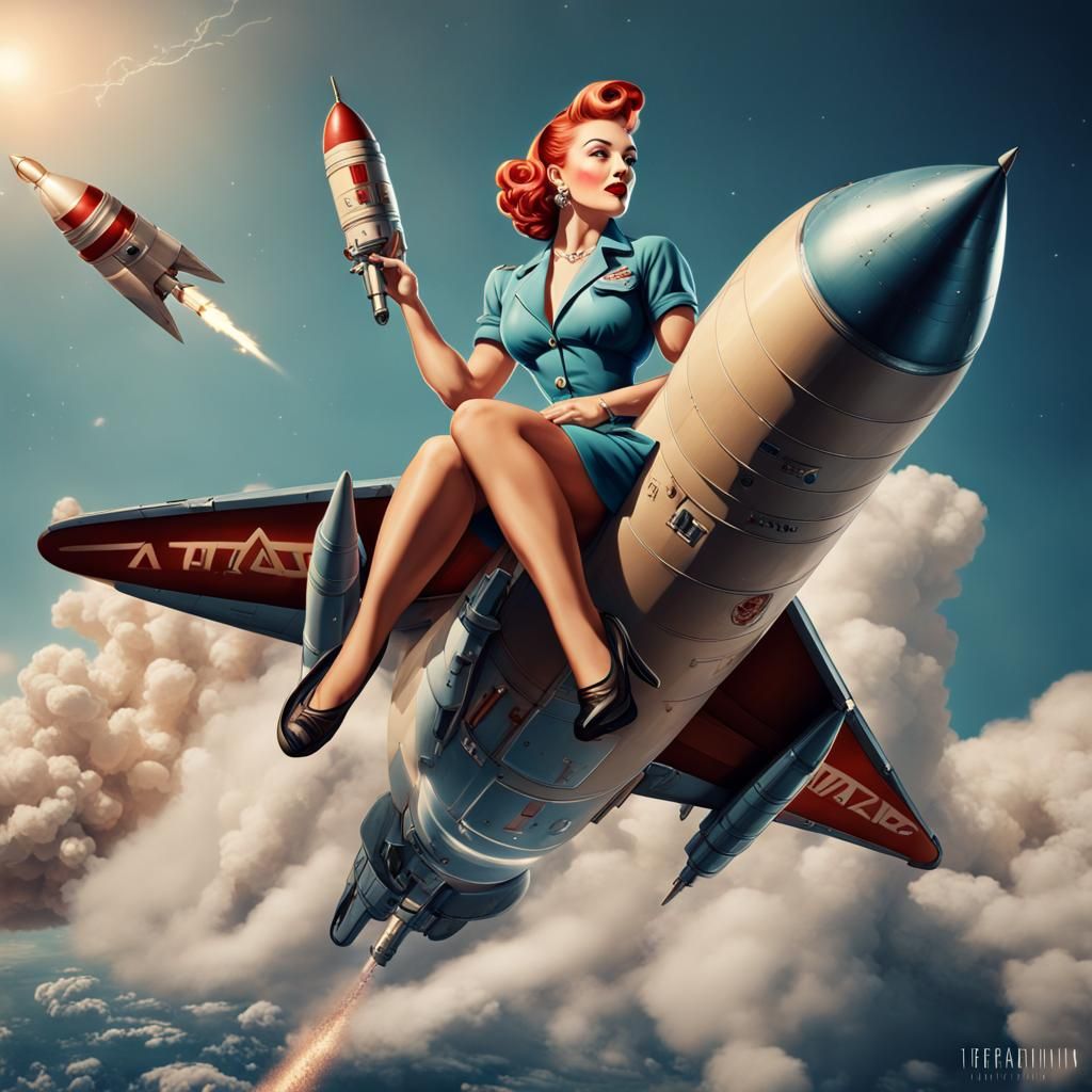 1940s Pinup Rides Rocket in Tattoo Art