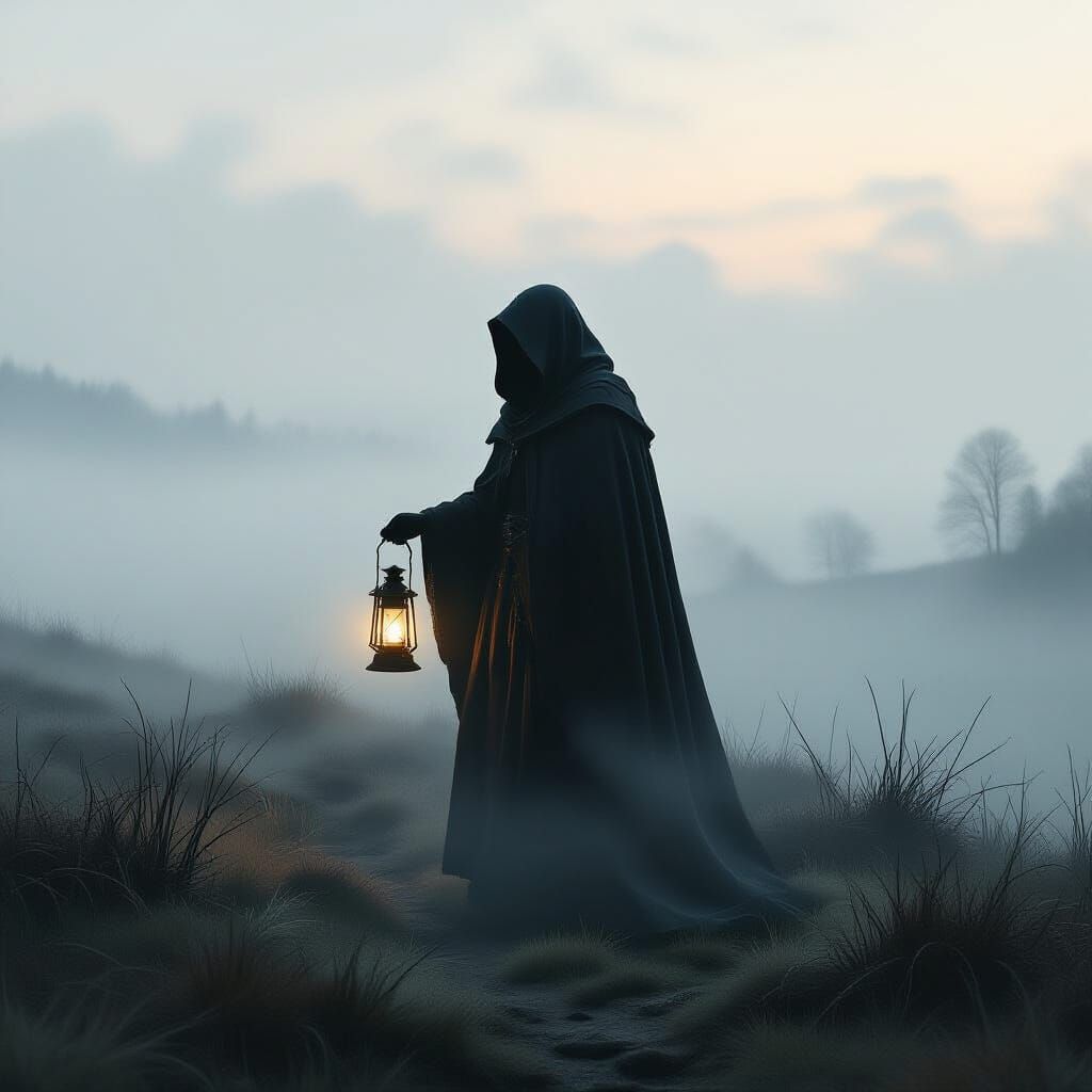 Renaissance painting. A lone figure stands on a misty moor, ...