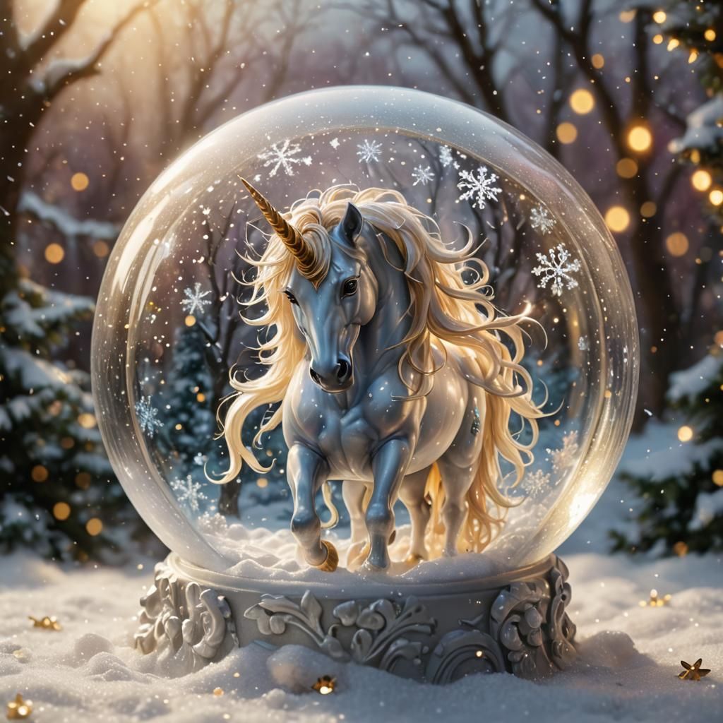 Enchanting Unicorn in Snow Globe: Fantasy Oil Painting