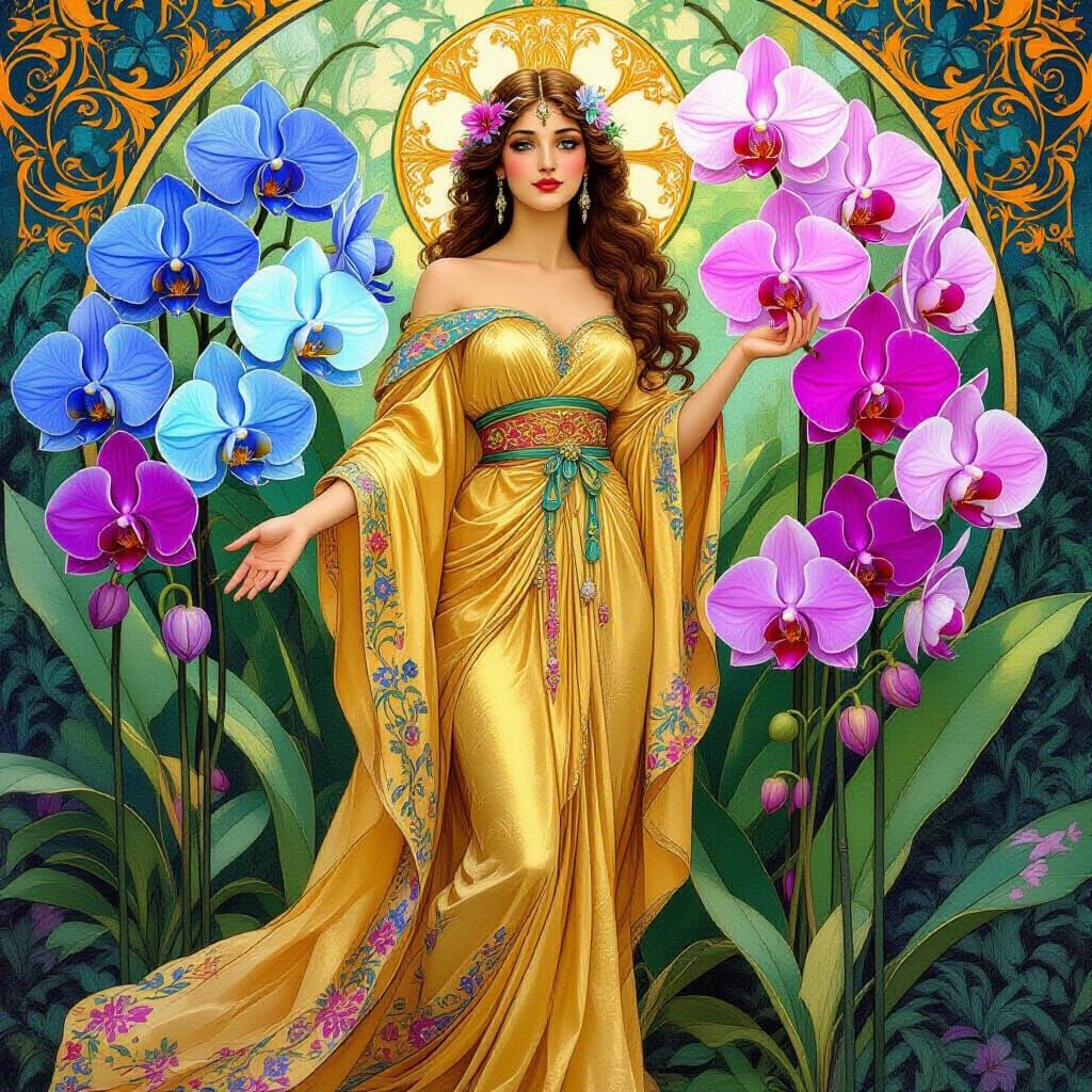 Goddess Among Glowing Orchids, Art Nouveau Style