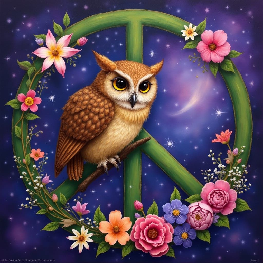 Elf Owl on Hippie Peace Symbol, Starry Night