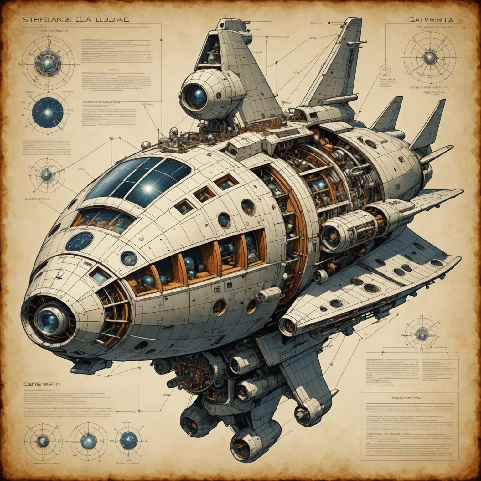 A detailed technical schematic of a space ship, an overiew s...