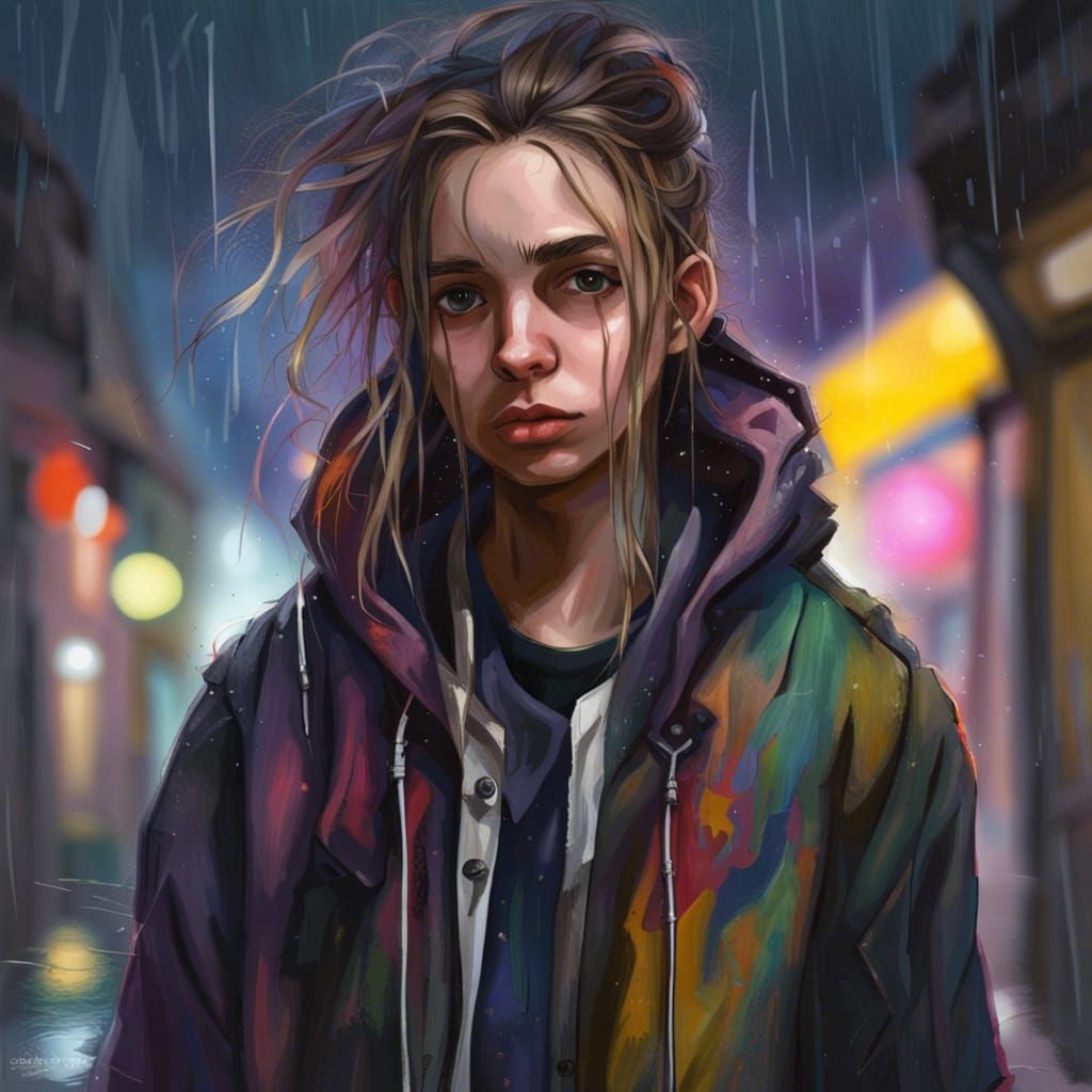 Teenage Kindness in Rainy Alley: Hyperrealistic Portrait