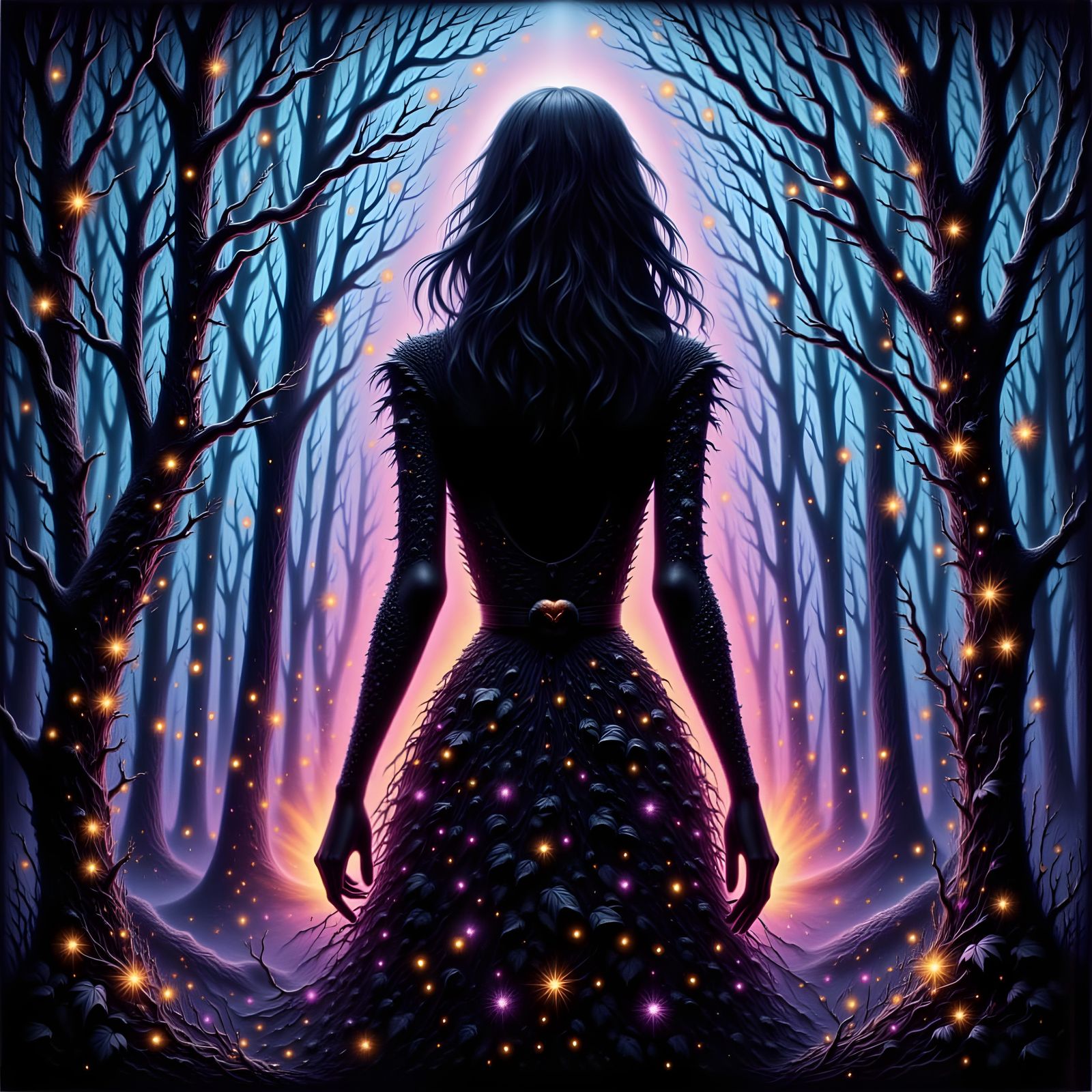 Macabre Surrealism: Twilight Landscape with Glowing Ivy