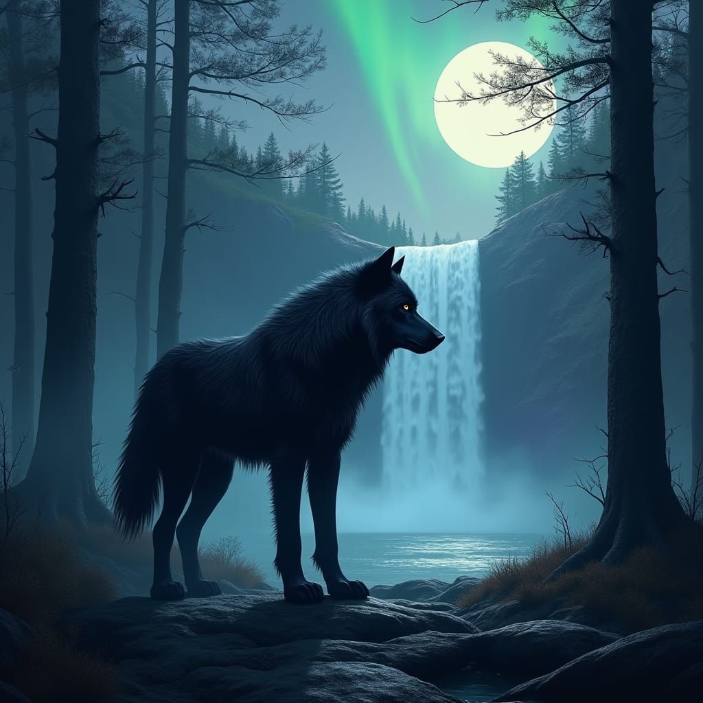 Werewolf in Misty Forest Under Northern Lights