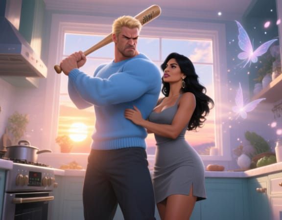 Angry Man and Calming Woman in Sunset Kitchen