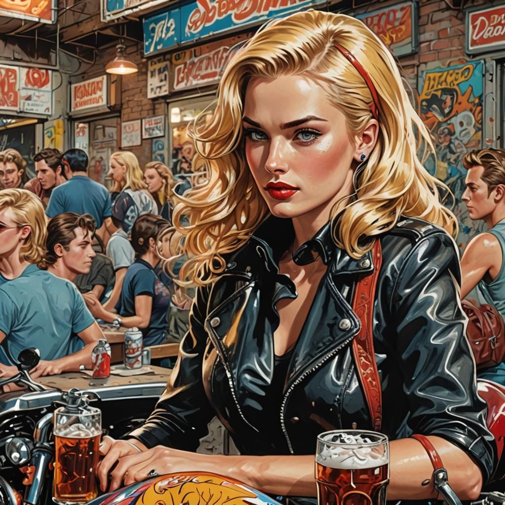 Motorcycle Woman in Graffiti Comic Book Art