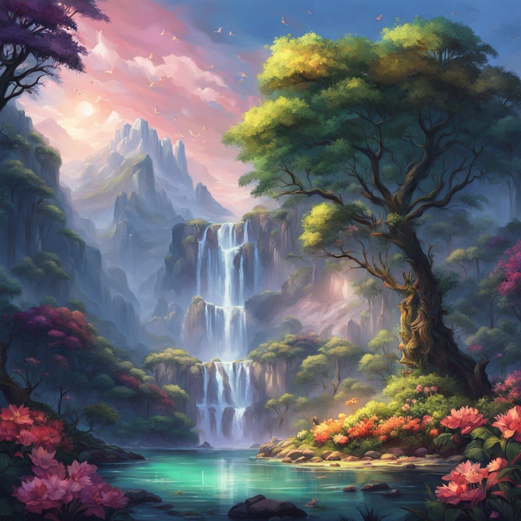 Dreamlike Fantasy Landscape with Waterfalls and Glowing Flow...