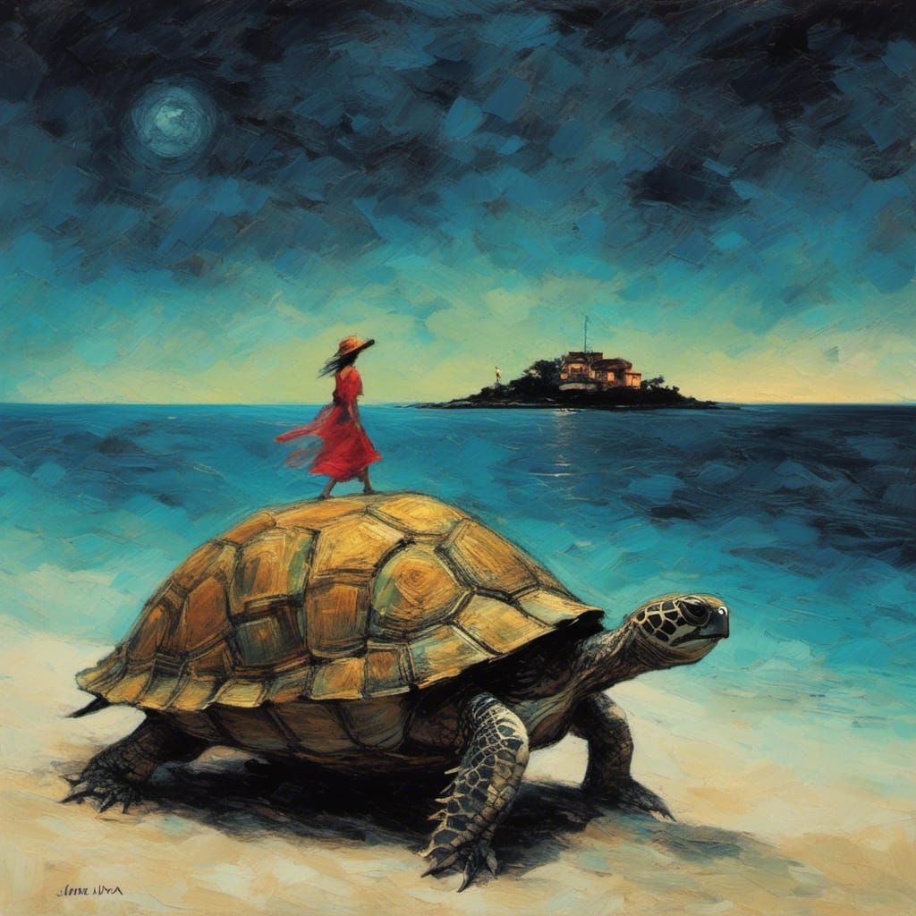 Woman Walks Beach on Turtle Island at Night