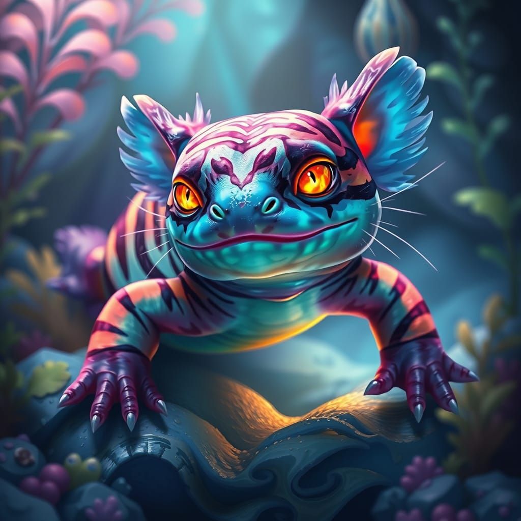 Dreamlike Axolotl Tiger Hybrid in Vibrant Aquarium