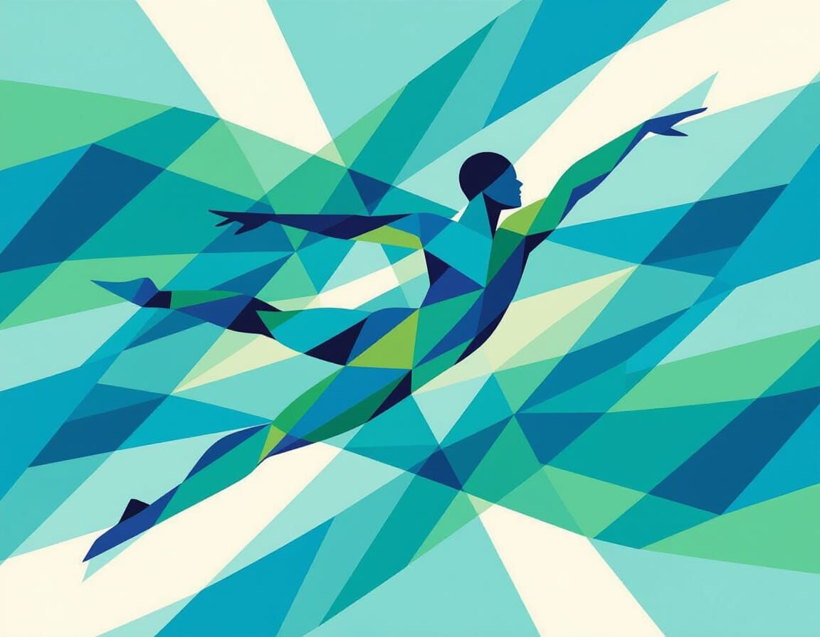 Abstract Geometric Swimming Poster in Vibrant Blues and Gree...