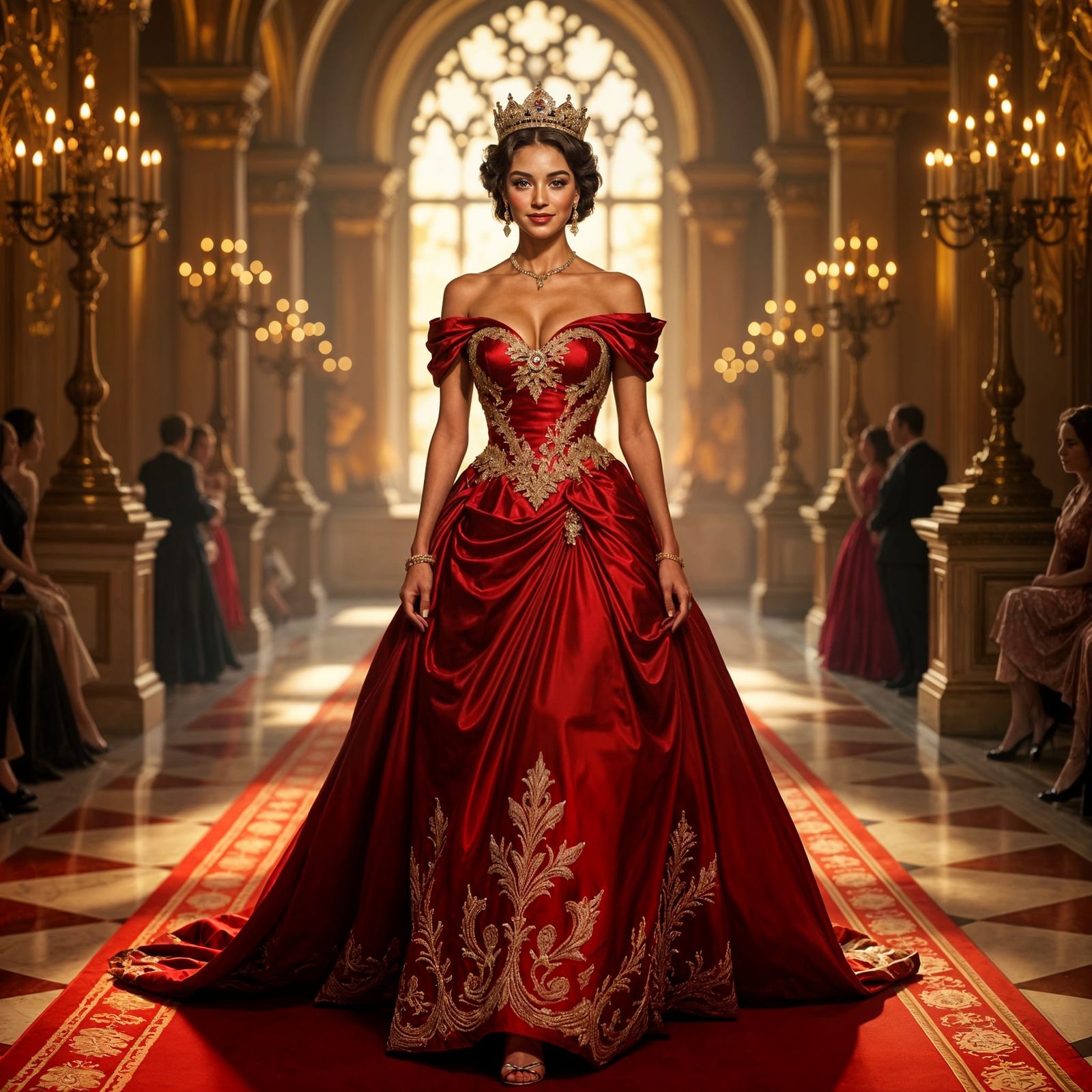 Regal Queen in Red Gown on Castle Red Carpet