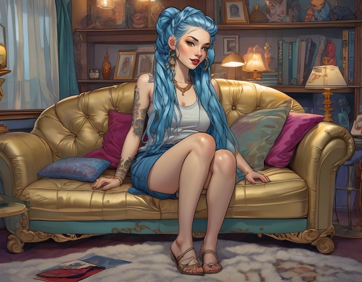 Vibrant Living Room Scene in Jamie Hewlett Style