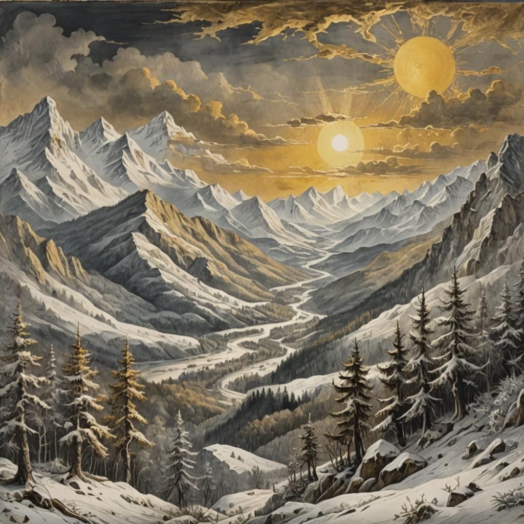 Snowy Mountain Landscape in Gustave Doré Style