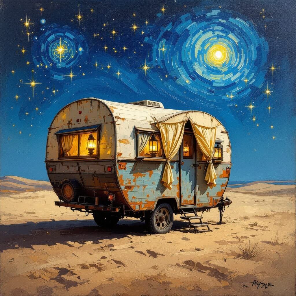 Mystical Caravan Under Starry Sky: Impasto Painting