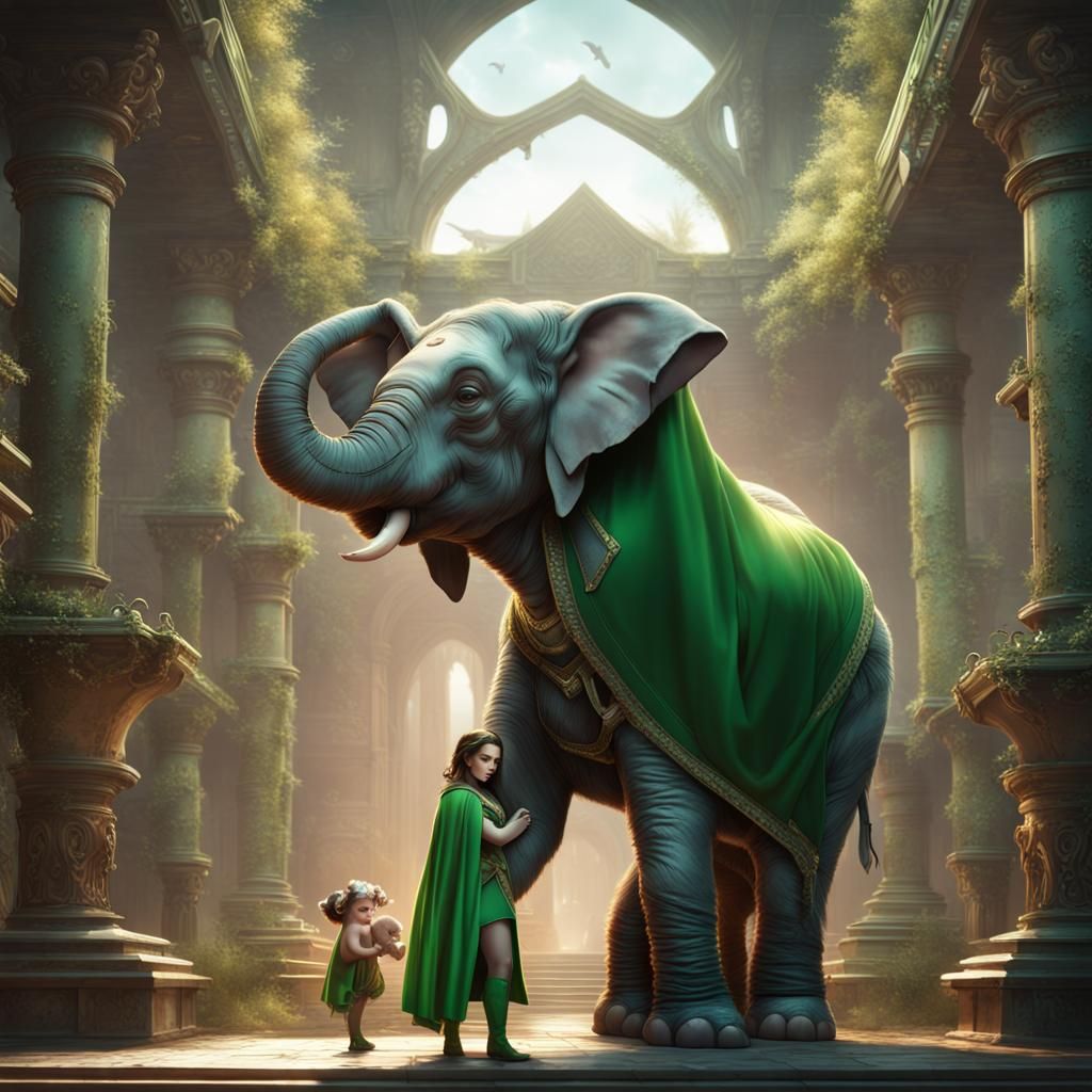 Superheroine with Baby Elephant: Detailed Digital Art