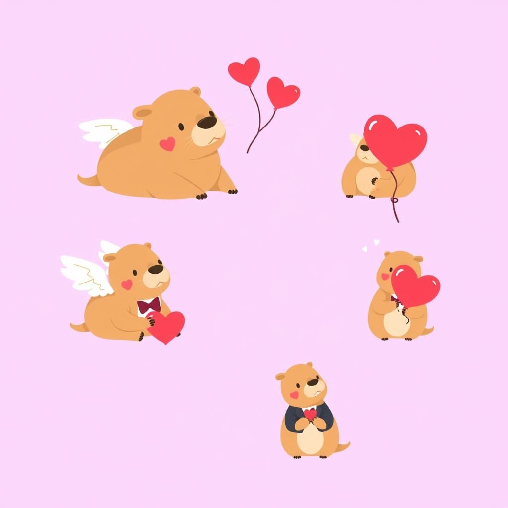 Valentine's Day Capybara Cartoon in Sweet Minimalist Style