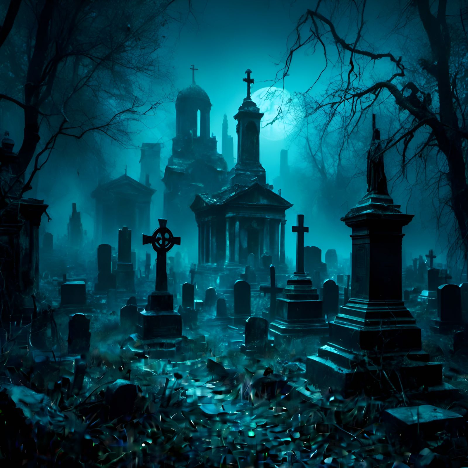Macabre Fantasy Cemetery Illustration in Blue and Black