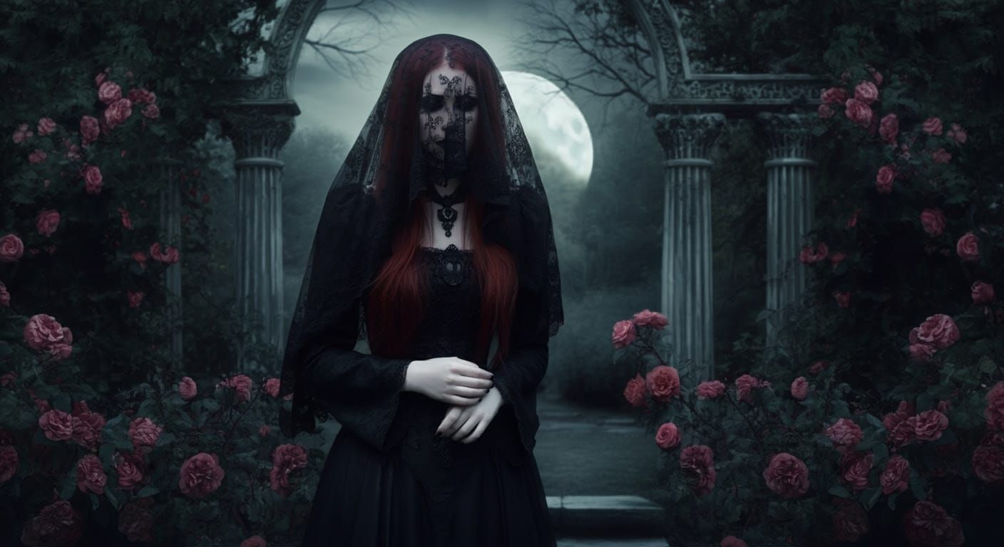 Gothic Widow Lost in Moonlit Garden of Roses
