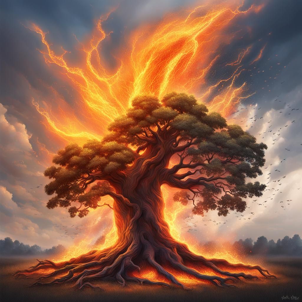 Tree on Fire From Lightning: Hyperrealistic Splash Art