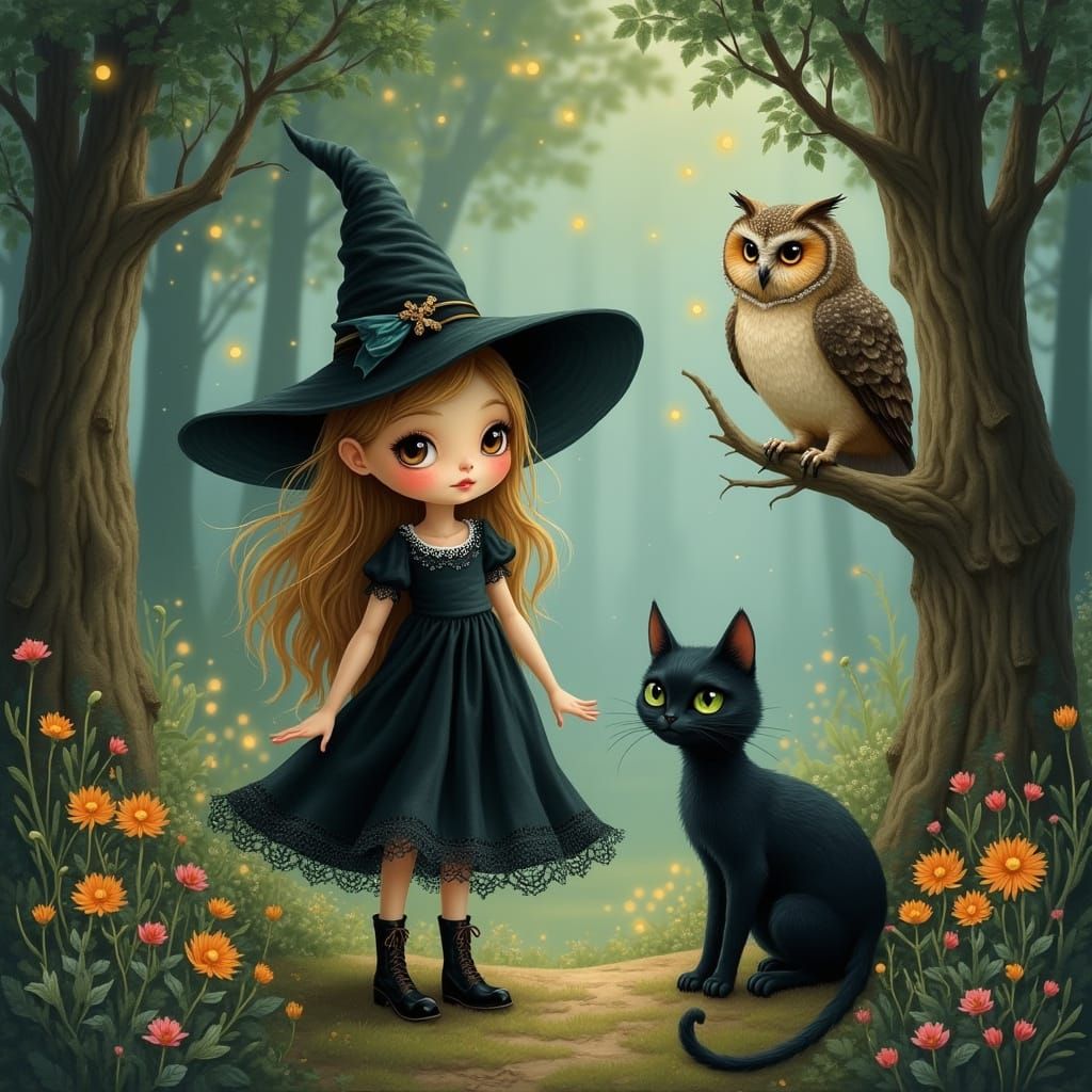 Whimsical Witch Enchants Enchanted Forest with Feline and Av...