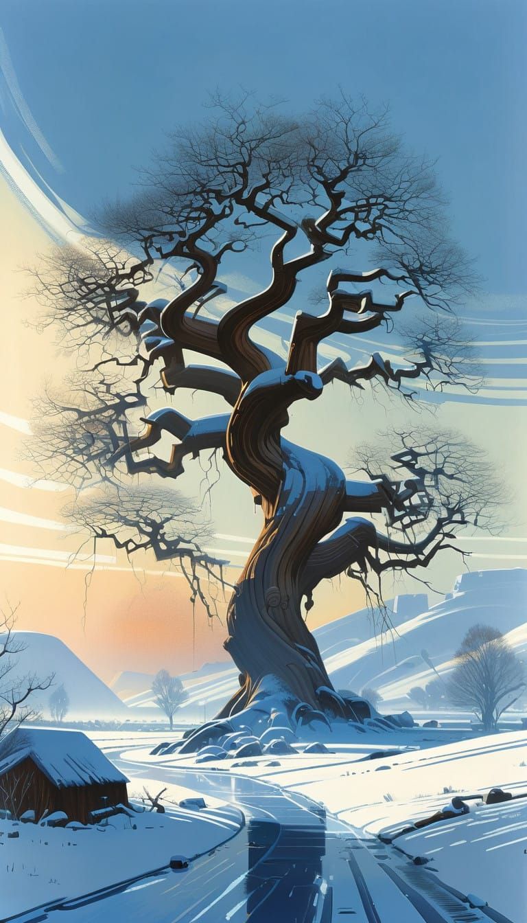 Winter Morning Serenity in a Hyper-Realistic Orchard Scene