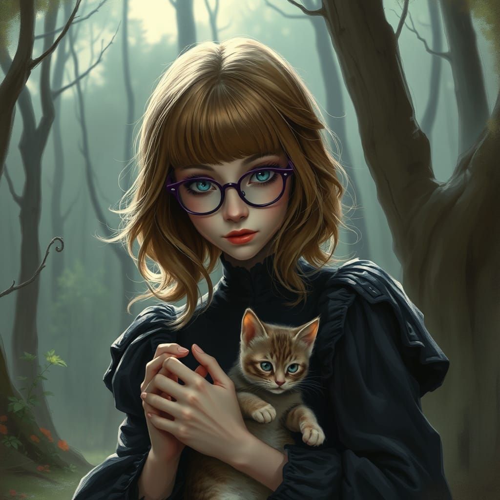 Mystical Woman with Cats in Enchanted Forest