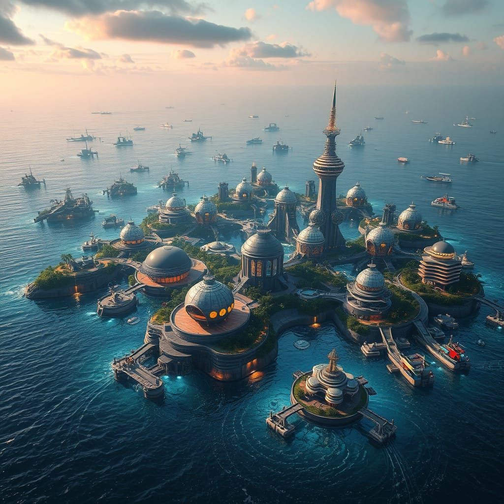 Floating Eco-Utopia Shines with Retro-Futuristic Bionic Arch...