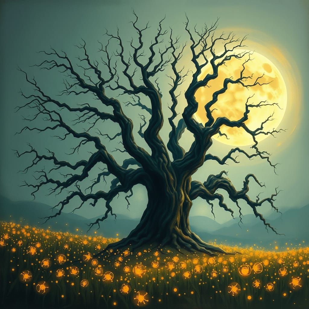 Magical Ancient Tree Silhouetted Against Full Moon