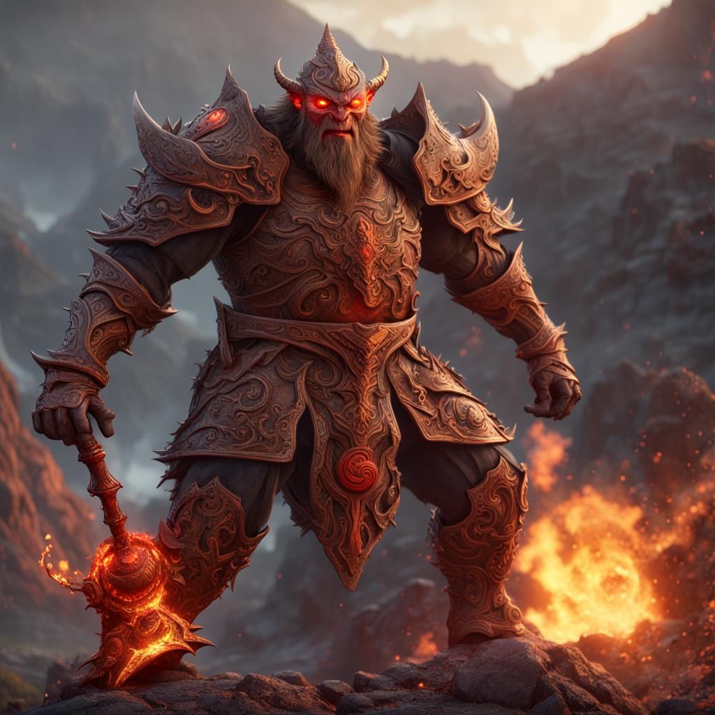 Fantasy Fire Giant in Volcanic Landscape