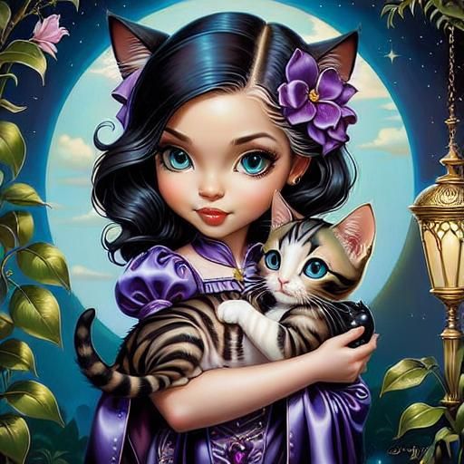 Girl Holding Cat in Big-Eyed Art Style