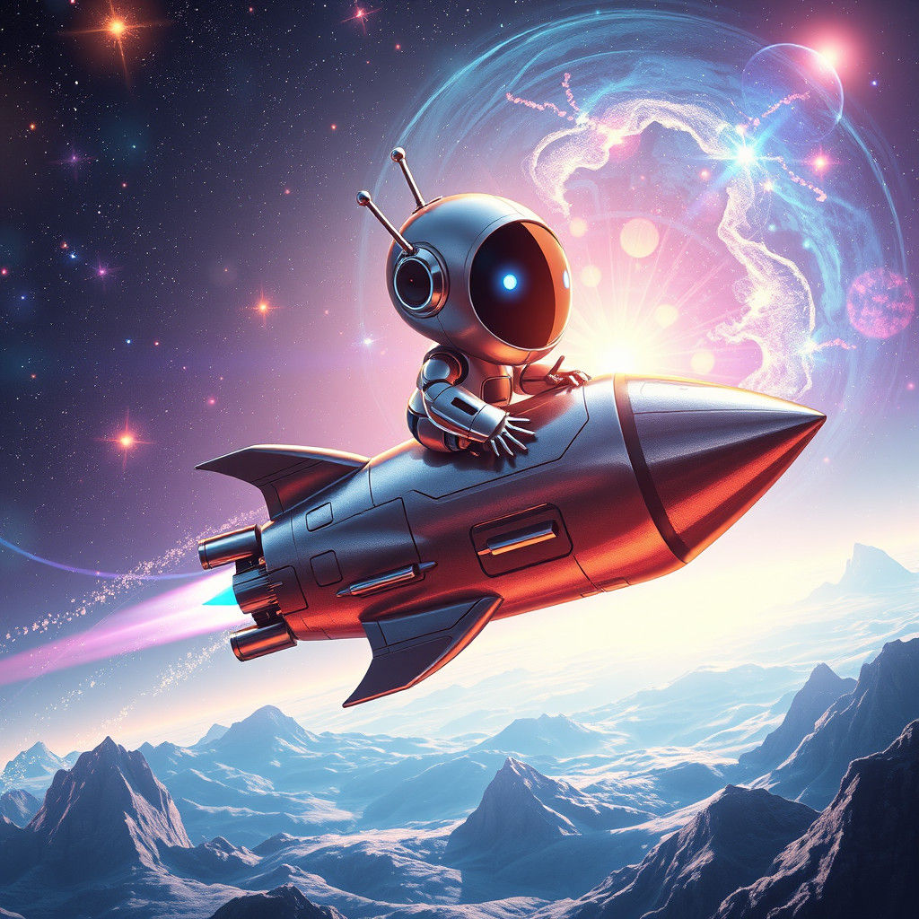 Robot Rocketing Through Space in Dreamlike Style
