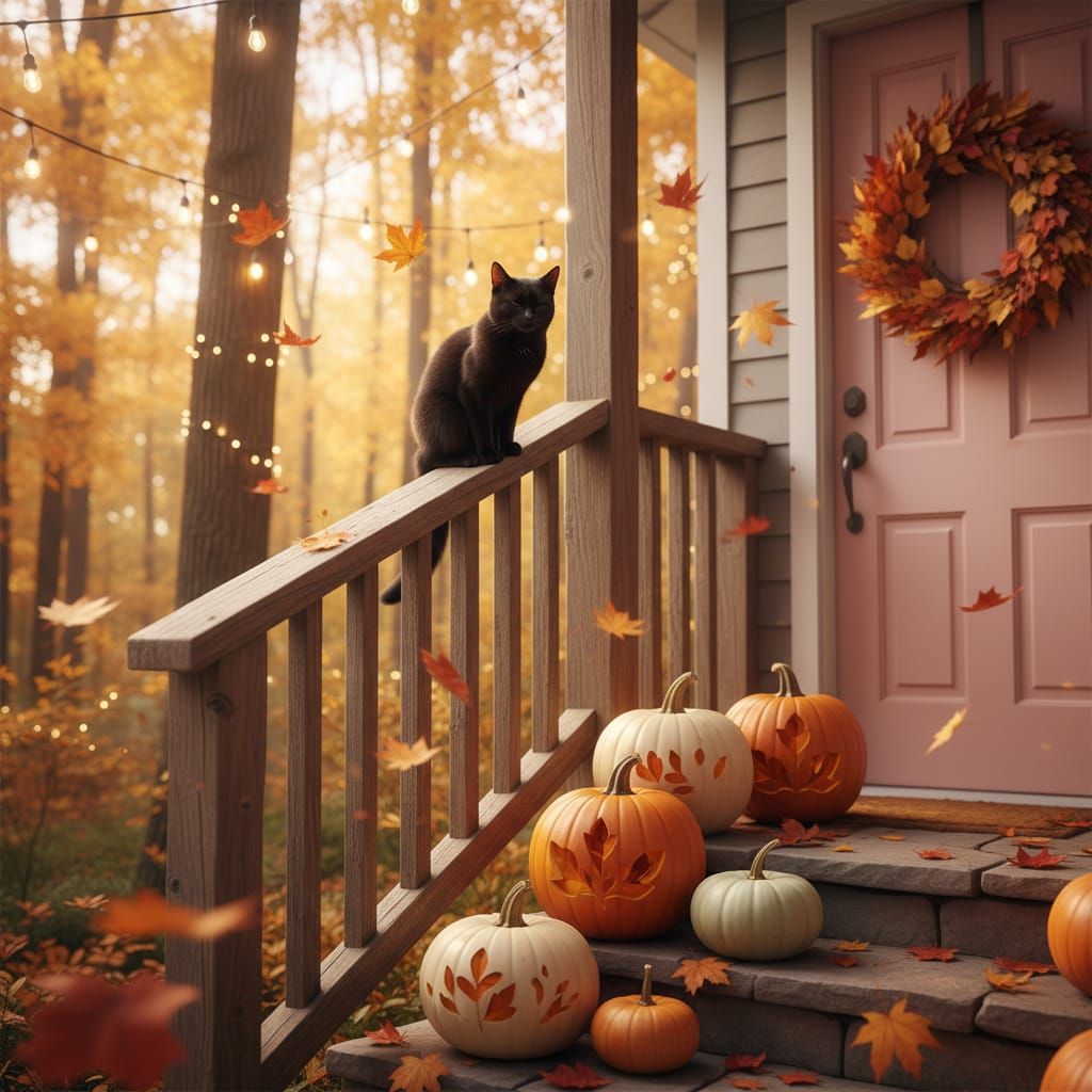 Cozy Autumn Porch with Black Cat and Pink Door