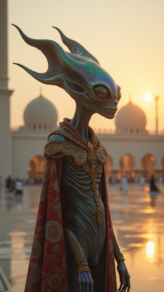 Iridescent Alien with Mandala Patterns at Sunrise
