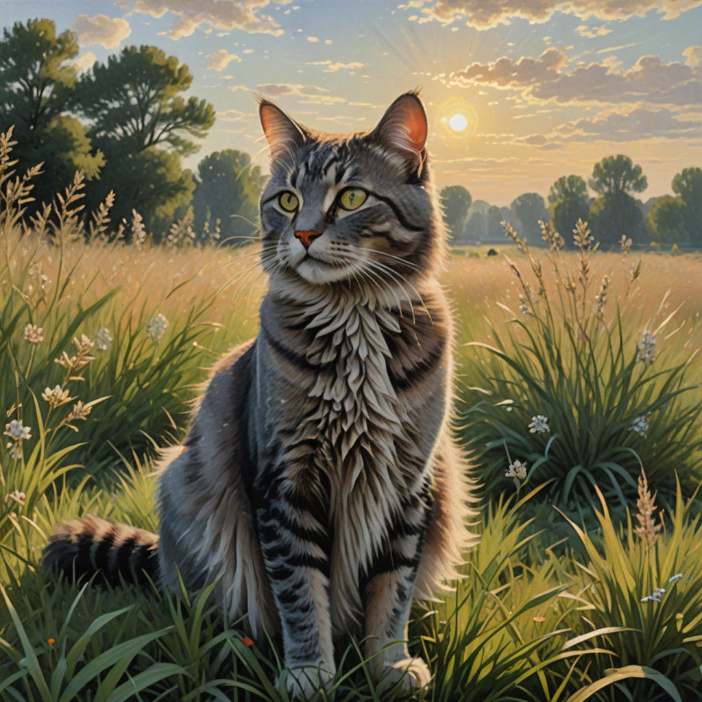 Idyllic Gray Cat in a Sunny Meadow, Inspired by Claude Monet